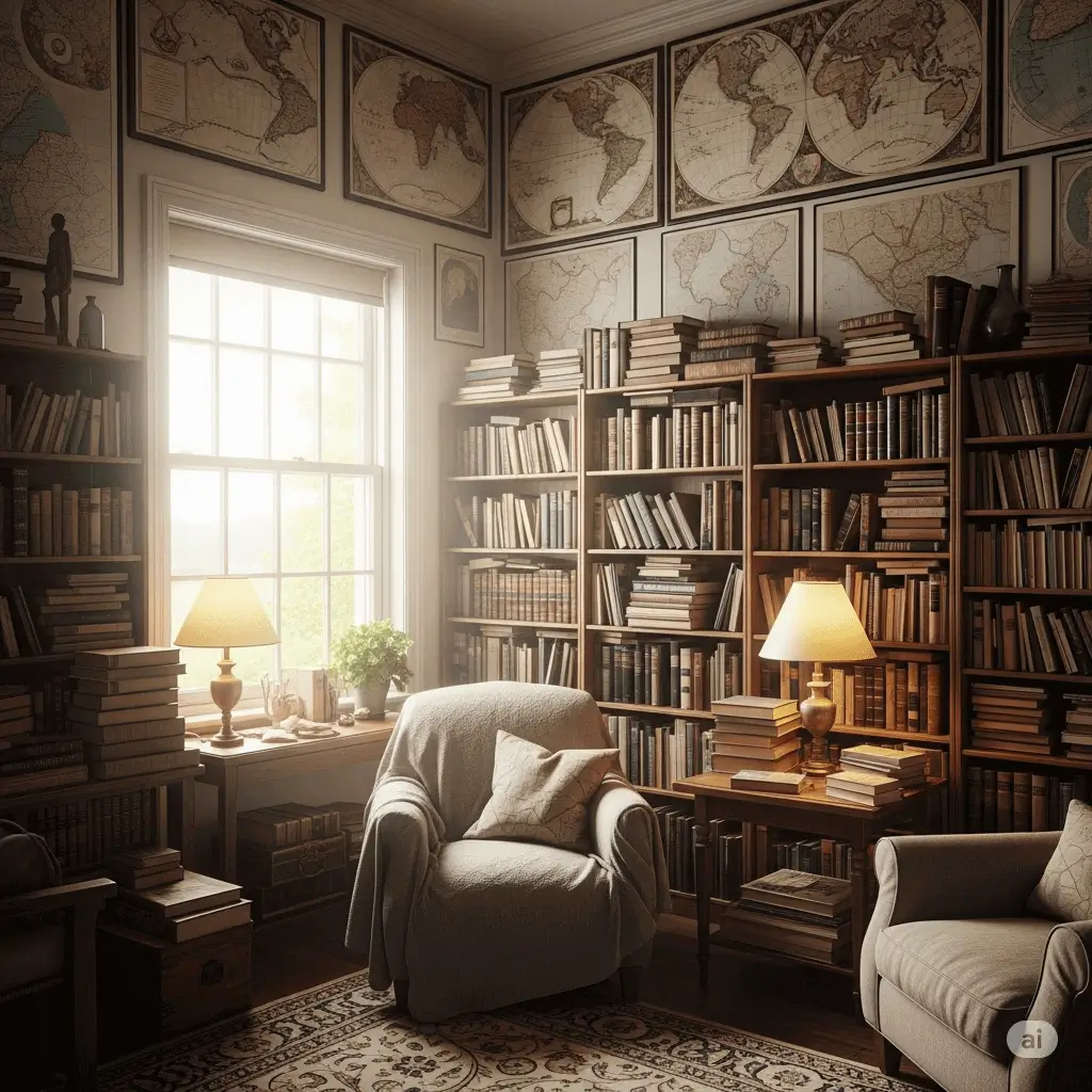Przytulny pokój z regałami pełnymi starych książek i map