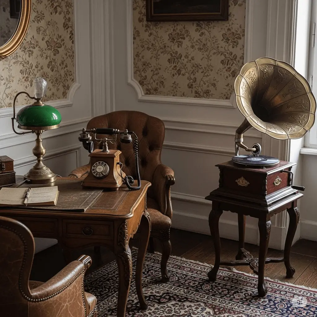 Zbliżenie na stary telefon z tarczą obok zabytkowej lampy